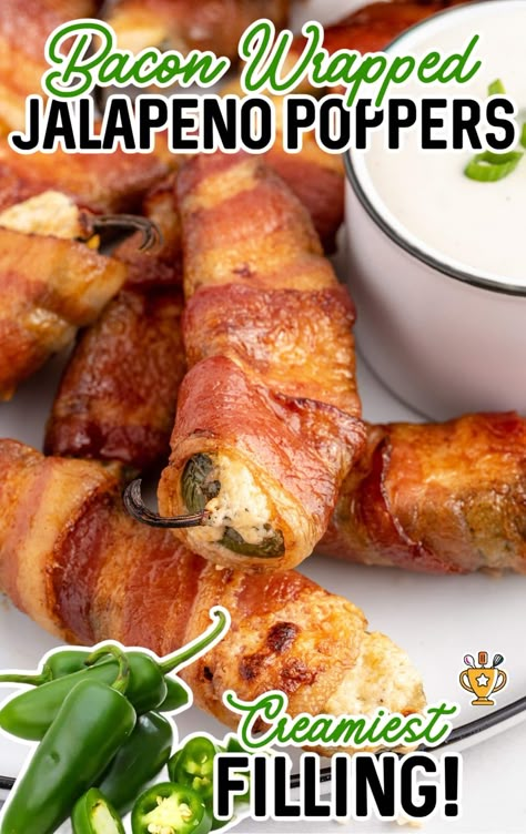 Bacon-wrapped jalapeño poppers are a spicy, cheesy, and crispy appetizer perfect for parties, game days, and gatherings. So easy to make! Wrapped Jalapeno Poppers, Bacon Wrapped Jalapeno Poppers, Spicy Bacon, Bacon Wrapped Jalapenos, Spicy Appetizers, Poppers Recipe, Jalapeno Recipes, Jalapeno Chicken, Bacon Appetizers