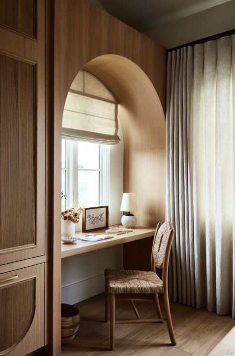 floating desk in arched nook Minimal Office Design, Alcove Desk, Khmer House, Cabana Design, Modern Spanish Revival, Lindye Galloway, Minimal Office, Guest Bedroom Home Office, Closet Desk