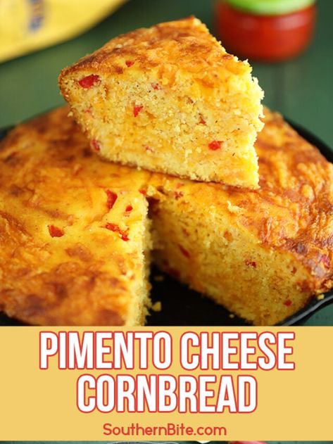 Pimento Cheese Cornbread - Southern Bite Cornbread With Peppers, Pimento Cheese Bread, Pimento Cheese Hushpuppies, Polenta Cornbread Recipes, Pimento Cheese Cornbread, Recipes Using Pimentos, Recipes With Pimentos, Pimento Cornbread, Recipes With Pimento Cheese