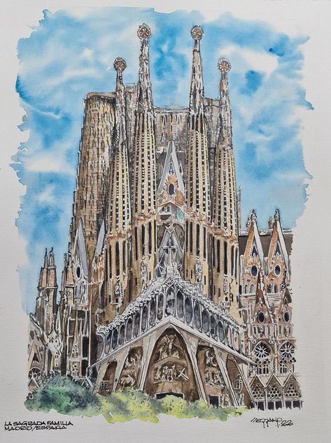 Gaudi Art, Gaudi Architecture, Barcelona Architecture, Antonio Gaudí, Concept Models Architecture, Landmarks Art, Building Sketch, Travel Sketchbook, Watercolor Architecture