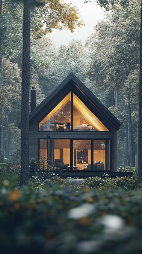 Hidden Forest Home with Large Windows Tiny Home In Forest, Forest Home Interior, Home With Large Windows, Forest Landscaping, Forest Houses, Forest Homes, Hidden Forest, Forest Home, Huge Windows