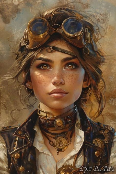 Fantasy Portrait Art, Steampunk Explorer, Mechanics Aesthetic, Vintage Mechanics, Steampunk Character, Books Stickers, Steampunk Pirate, Steampunk Women, Rpg Characters