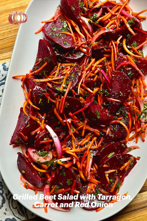 Vegan Grilled Beet Salad Recipe with Tarragon, Carrot and Red Onion Vegan Cookout Recipes, Vegan Beet Recipes, Mustard Carrots, Red Beets Recipe, Grilled Beets, Vegan Grilling Recipes, Roasted Beets Recipe, Beet Salad Recipe, Beet Burger