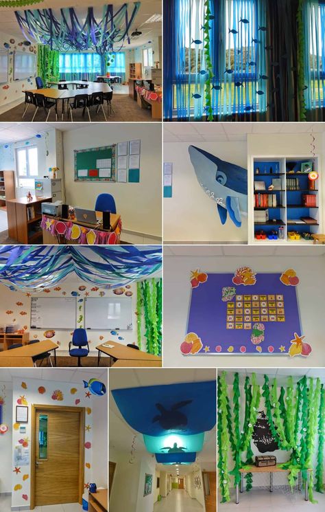 An Under The Sea Classroom Under The Sea Classroom Door, Under The Sea Classroom, Preschool Ocean, Beach Theme Classroom, Nautical Classroom, Ocean Theme Preschool, Ocean Classroom, Under The Sea Decorations, Ocean Theme Classroom