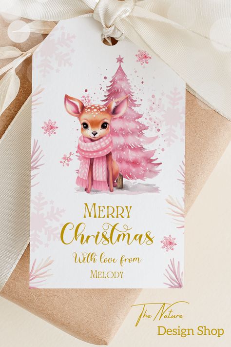 A lovely addition to your winter wonderland Christmas party or a wonderful label for your pink Christmas gift, these editable thank you tags are sized 2'' x 3.5''. 
Click to shop this item or check out our store for many other Christmas items and ideas! Deer Aesthetic, Winter Wonderland Christmas Party, Pink Deer, Pink Christmas Gifts, Wonderland Christmas, Christmas Party Invitation Template, Xmas Tags, Christmas Gift Tag, Tag Ideas