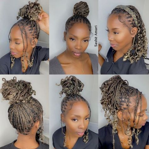 Short Knotless Braid With Curls, Small Cornrows With Box Braids, Small And Short Knotless Braids, Short Box Braids Blonde, Knotless Braids Human Hair Curls, Curly Bob Knotless Braids, Different Colour Braids For Black Women, Boho Bob Knotless Braids Styles, Knotless Braids With Blonde Ends