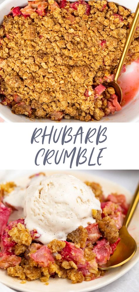 This rhubarb crumble is perfectly sweet and slightly tart! This easy summer dessert recipe comes together in just a few very simple steps. Serve it warm with a scoop of vanilla ice cream for an easy treat everyone will love. Rhubarb Crisp Recipe, Rhubarb Desserts Recipes, Rhubarb Recipes Crisp, Strawberry Rhubarb Crumble, Easy Summer Dessert Recipes, Raspberry Rhubarb, Strawberry Rhubarb Crisp, Rhubarb Desserts, Rhubarb Crisp