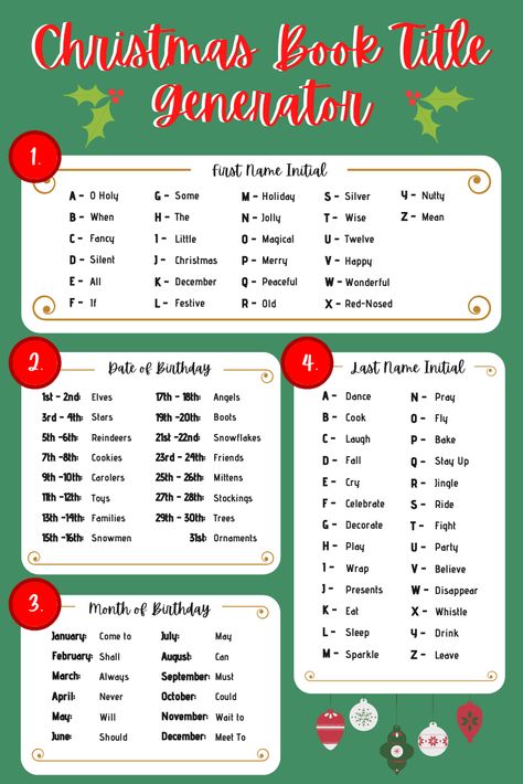 Christmas Name Generator, Story Title Generator, Christmas Elf Name Generator, Book Title Ideas, Book Title Generator, Book Camp, Christmas Elf Names, Title Names, Christmas Writing Prompts