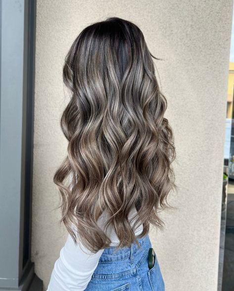 Ashy Blonde Foils On Brown Hair, Silver Brown Balayage, Black And Blonde Balayage Long Hair, Ash Foils On Dark Hair, Pretty Hair Highlights, Blonde Ash Balayage On Dark Hair, Highlights And Lowlights For Brunettes Dark, Curly Hair Balayage Cool Tone, Icy Brunette Highlights