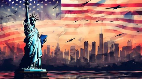 Photo skyline of united states of americ... | Premium Photo #Freepik #photo Usa Flag Wallpaper, America Illustration, Usa Wallpaper, America Funny, Usa Cities, States In America, Laptop Wallpaper, Landscape Wallpaper, American Dream