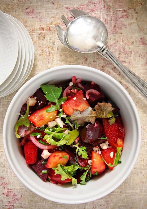 Roasted Beet & Blue Cheese Salad French Salad Recipes, Roasted Beet Salad, Beet Greens, French Roast, Potluck Dishes, Cheese Salad, Roasted Beets, Beet Salad, Potluck Recipes