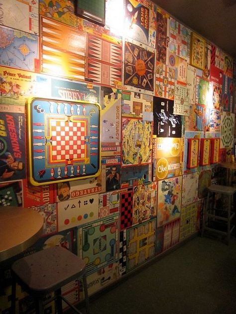 I was enjoying lunch at Red's with friends just as I had been thinking about board games as home decor. Then I spied a wall covered in vintage game boards! Easy Basement Ceiling, Red Accent Wall, Board Game Room, Board Game Cafe, Geek House, Basement Games, Game Cafe, Game Room Family, Vintage Board Games