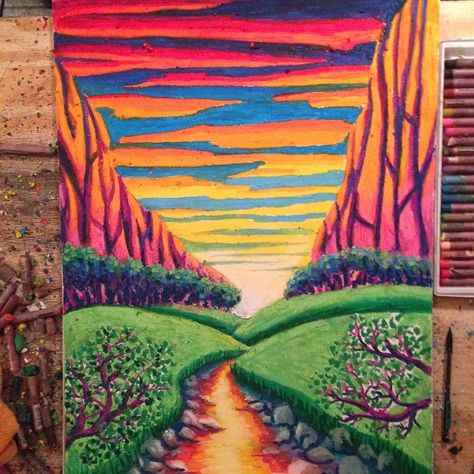 A beautiful and bright landscape make with vibrant Cray-Pas colors by Andrew Sheppard. Cray Pas Art, Bright Landscape, Galleries Architecture, Colored Chalk, Oil Pastel Drawings, Canvas Projects, Oil Pastels, A Work In Progress, Chalk Art