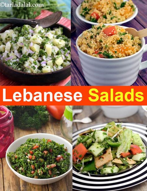 Lebanese Salad Recipes : Veg : Tarladalal.com Continental Salad Recipes, Labenese Food, Funny Recipes, Veg Salads, Soup Veggie, Arabic Salad, Wheat Salad, Continental Food, Nut Salad