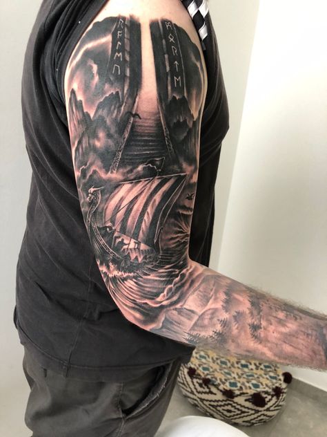 Viking, Valhalla, sail tattoo Valhalla Sleeve Tattoo, Viking Bird Tattoo, Gates Of Valhalla Tattoo, Vallhala Tattoos, Viking Ship Tattoo Design, Viking Boat Tattoo, Viking Shield Tattoo, Sail Tattoo, Nordic Sleeve