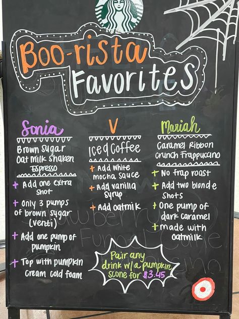 Fall Chalkboard Art Starbucks, Barista Of The Week Board, Coffee Specials Board, Barista Ideas, Business Chalkboard, Specials Board, Starbucks Crafts, Starbucks Ideas, Starbucks Art