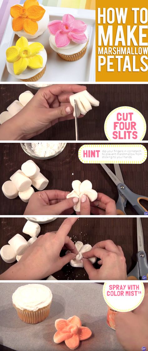 Turn A Marshmallow Into A Flower Shaped Cupcake Topper! Stitch Cake Diy, Diy Cake Flowers, Cake With Marshmallows Decoration, Moana Birthday Cupcakes, Marshmallow Cake Decoration, Marshmallow Decoration Ideas, Stitch Cupcakes Ideas, Flower Marshmallows, Marshmallow Decorations