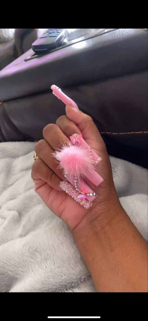 Pom Pom Nails, Nails With Butterfly Charms, Butterfly Charm Nails, Pink Prom, Prom Nails, Pink Acrylic Nails, Butterfly Charm, Gold Nails, Pink Nails