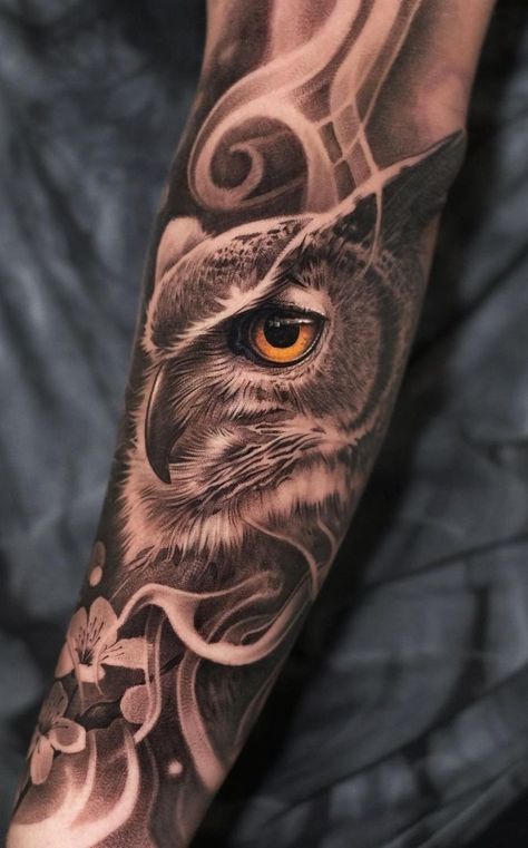 Beautiful Owl Tattoos Owl Forearm Tattoo, Owl Eye Tattoo, Mens Owl Tattoo, Realistic Owl Tattoo, Owl Tattoo Sleeve, Owl Tattoo Drawings, Lion Tattoo Sleeves, Realistic Tattoo Sleeve, Forarm Tattoos