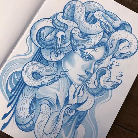 Drawing Ideas Easy Tutorials, Beautiful Medusa, Medusa Artwork, Medusa Drawing, Blue Sketch, Draw A Rose, Rose Step By Step, Medusa Tattoo Design, Easy Flowers