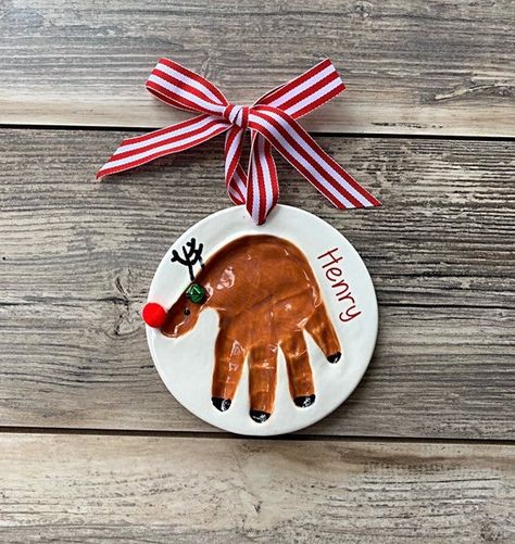 Reindeer Handprint Art - Personalized Sister Art - Personalized Sibling Art - Brother Art - Kids Han Decor Natal, Reindeer Handprint, Baby Heirloom, Handprint Ornaments, Babys First Christmas, Baby Footprint, Baby Handprint, Penguin Ornaments, Reindeer Ornaments