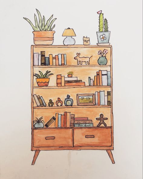 Watercolour painting of a book case. It has books, some plamnts and some figurines on it. Painting has been done in line and wash watercolor technique. Illustration Beginner To Draw, Shelf Drawing Sketch, Aesthetic Sketch Book Ideas, Watercolor Bookshelf, Shelf Illustration, Watercolor Painting Aesthetic, Shelf Drawing, Craft Stick Projects, Colorful Bookshelf