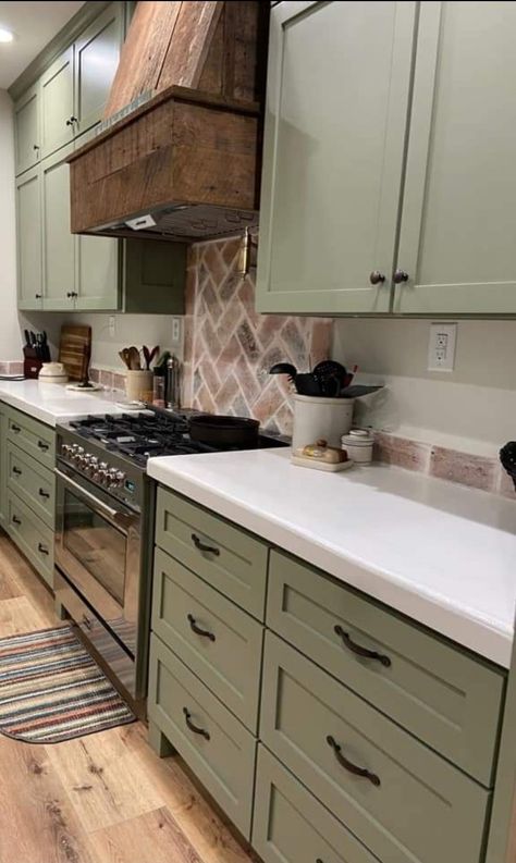 SW Dried Thyme Paint Colors For Old Kitchen Cabinets, Farmhouse Green Cabinets, Green Farmhouse Kitchen Cabinets, Farmhouse Green Kitchen Cabinets, Farmhouse Kitchen With Green Cabinets, Small Green Kitchen Ideas, Rustic Farmhouse Kitchen Cabinet Color Ideas, Sage Kitchen Cabinets Farmhouse, Green And Brick Kitchen