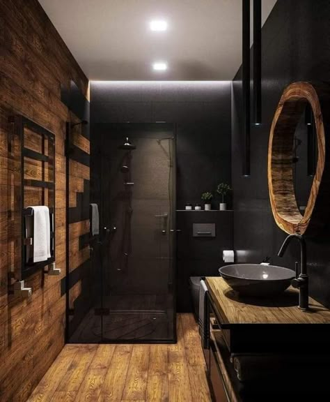 Chalet Modern, Dark Bathrooms, Washroom Design, Bathroom Inspiration Decor, Bathroom Style, House Bathroom, Black Bathroom, Modern Bathroom Design, Bathroom Makeover