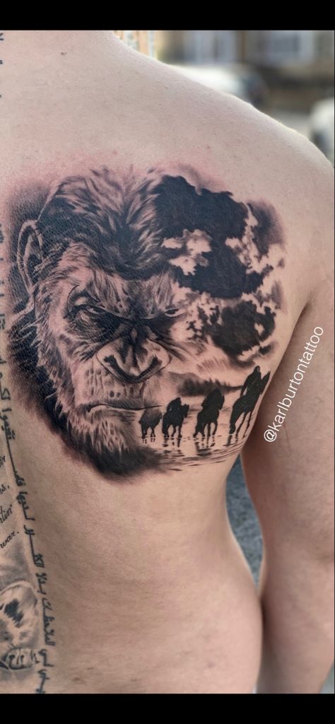 Ape Tattoos For Men, Planet Of The Apes Tattoo, Gemini Tattoo, Joker Tattoo, Planet Of The Apes, Football Memes, Eye Tattoo, Chest Tattoo, Tattoos For Guys