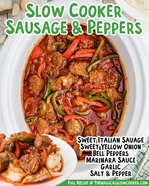 Crockpot Sausage And Peppers And Onions, Crockpot Sausage And Peppers Easy, Sausage Peppers And Onions Crockpot, Crockpot Peppers, Gd Meals, Slow Cooker Sausage And Peppers, Sausage And Peppers Crockpot, Sweet Italian Sausage Recipes, Sausage Crockpot Recipes