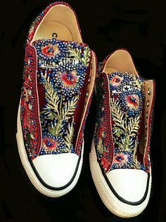 sneakers shoes Diy Shoes Makeover, Shoe Upcycle, Beaded Converse, Beaded Sneakers, Upcycle Shoes, Embroidered Photographs, Sneakers Nike Jordan, Music Hip Hop, Shoe Makeover