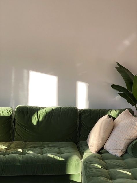 Safe Green Couch, Green And Tan Aesthetic Living Room, Green Studio Apartment Aesthetic, Green Couch Aesthetic Living Room, Green Couch Living Room Aesthetic, Green Couch Apartment, Emerald Green Sofa Living Room, Green Sofa Aesthetic, Green Couch Aesthetic