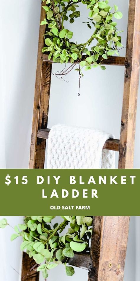 $15 DIY Wood Blanket Ladder #farmhousestyle #diyfarmhouse #diyladder #diydecor #diyfarmhousedecor #woodprojects #diyprojects #diyhome #diyhomedecor Blanket Ladder Ideas, Transitional Farmhouse Decor, Diy Farmhouse Bed, Wood Blanket Ladder, Wooden Blanket Ladder, Blanket Ladders, Farmhouse Bench Diy, Farmhouse Diy Projects, Quilt Ladder