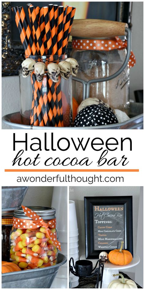 Halloween Hot Cocoa Bar #halloween #halloweenhotcocoabar #hotcocoabar #hotchocolate #halloweendecor #awonderfulthought Hot Chocolate Station Halloween, Halloween Hot Cocoa Bar Ideas, Halloween Hot Chocolate Station, Hot Chocolate Bar Halloween, Halloween Bar Setup, Halloween Cocoa Bar, Fall Cocoa Bar, Halloween Hot Chocolate Bar, Halloween Hot Cocoa