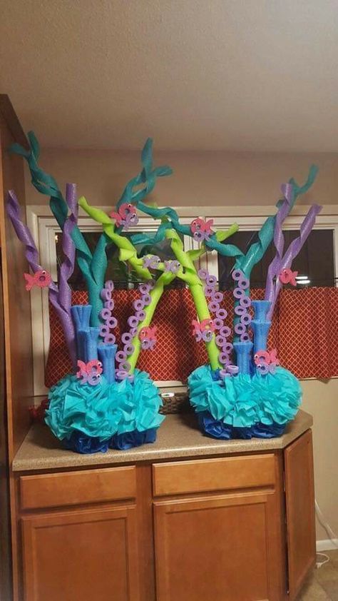 Coral Reef Out Of Pool Noodles, Coral Reef Table Decor, Diy Pool Noodle Coral Reef, Pool Noodle Reef, Coral Reef Party Decorations, Submarine Classroom Decorations, Pool Noodle Party Decorations, Coral Reef Set Design, Coral Reef Pool Noodles Diy