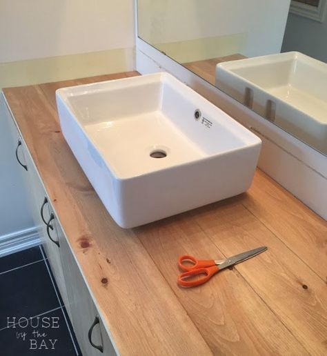 Bathrooms With Wood Countertops, Wooden Vanity Top Bathroom Vessel Sink, Wood Bathroom Countertop Vessel Sink, Natural Wood Bathroom Vanity Counter Tops, Wood Vanity Top With Vessel Sink, Bathroom Wooden Countertop, Wood Top Vanity Bathroom, Replace Vanity Countertop, Wooden Bathroom Countertop Diy