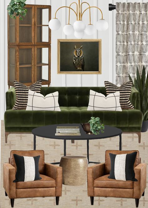 Mcm Grey Couch, Midcentury Sitting Room, Mcm Art Deco Living Room, Midcentury Vintage Interior, Mcm Inspired Living Room, Art Deco Mid Century Modern Living Room, Living Room Decor Board, Wall Color With Green Couch, Mcm Transitional Living Room