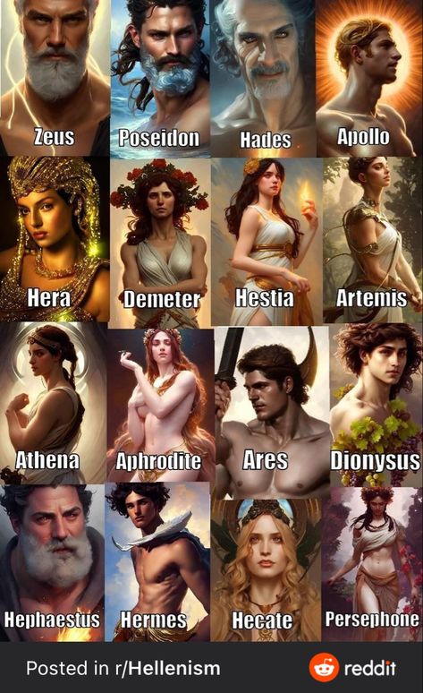 Generated by AI (not by me) Greek Mythology All Gods, Goddesses Mythology Art, Anime Greek Mythology, Greek Gods Art Mythology, Greek Gods And Goddesses Fanart, All Greek Gods And Goddesses, The Olympians Greek Mythology, Greek Gods And Goddesses Art, Gods And Goddesses Mythology