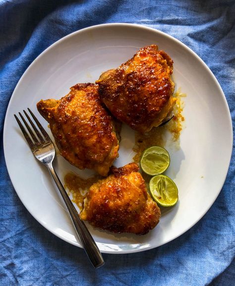 Crispy Chicken Thighs with a Red Pepper Jelly  Glaze — Amanda Frederickson Red Pepper Jelly Chicken, Pepper Jelly Chicken, Crockpot Chicken And Potatoes, Pepper Jelly Recipes, Red Pepper Jelly, Crispy Chicken Thighs, Hot Pepper Jelly, Quick Bites, Best Wings