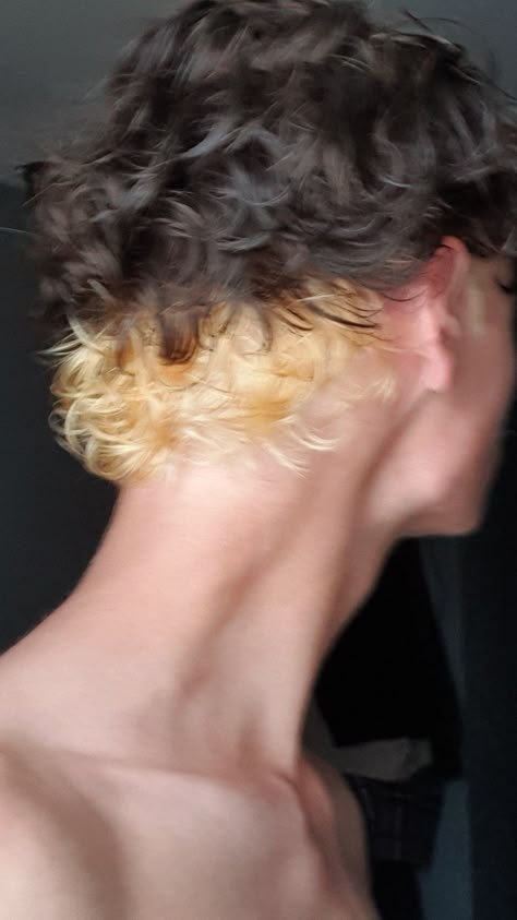 Male Dyed Hair Curly, Bleached Undercut Long Hair, Curly Hair Men Dyed Tips, Men Curly Dyed Hair, Bleached Undercut Men, Mens Bleached Hair Designs, Curly Hair Men Color Ideas, Dyed Curly Hair Ideas Men, Mullet With Color Underneath