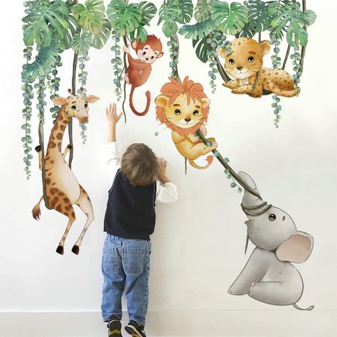 PRICES MAY VARY. Cute jungle animal style wall decor! Elements include tropical leaves, vines, giraffe, monkey, lion, leopard, elephant and more, so add some animal friends to your room! Material: Vinyl. Non-toxic, environmental protection, waterproof. Easy to apply, remove and reuse without leaving damage or residue. Very easy to assemble and great focal point in your kids room, nursery, playroom, classroom, baby girls and boys room. It can be stuck to walls, furniture, tiles, mirrors and windo Safari Nursery Wall Stickers, Zoo Bedroom Kids, Animal Themed Toddler Room, Safari Themed Nursery Boys, Toddler Room Wall Paint, Jungle Theme Nursery For Boys, Baby Boy Jungle Nursery, Africa Nursery, Zoo Themed Nursery