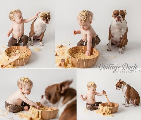 baby doing a unique cake smash for one year old photo shoot. Using spaghetti instead of a cake smash with dog in studio. One Year Old Birthday Photoshoot, One Year Old Cake Smash, One Year Old Cake, Kid Portraits, Duck Photography, Half Birthday Baby, One Year Old Birthday, Cake Smash Theme, 1 Year Baby