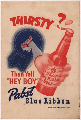 https://bibliophilias.wordpress.com/2011/03/12/vintage-pabst-blue-ribbon-advertisement-c-1943/ Pbr Beer, Beer Advertisement, Hey Boy, Beer Memorabilia, Pabst Blue Ribbon Beer, Vintage Advertising Art, Bowling Games, Beer Advertising, Beer Ad