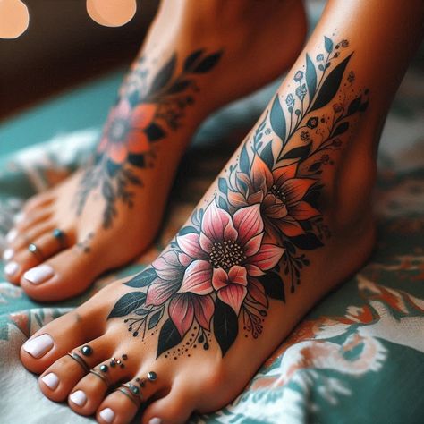 15 Baby Feet Tattoo Ideas to Cherish Precious Moments 1 Foot Leg Tattoos For Women, Wildflower Foot Tattoo, Ankle Cover Up Tattoos For Women, Foot Tattoo Cover Up Ideas For Women, Top Foot Tattoos, Floral Foot Tattoos For Women, Elegant Foot Tattoos For Women, Elephant Foot Tattoo, Cute Cover Up Tattoos For Women