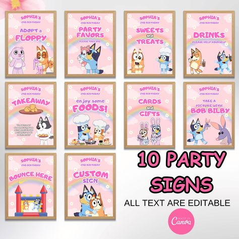 ✨Create the Perfect Bluey Girl Party with Our Printable Signs Bundle! ✨ ✨Make your Bluey girl party unforgettable with our Bluey birthday signs bundle! This blue dog theme set is perfect for DIY enthusiasts who want to add a personalized touch to their pink girl party. ✨Enhance your Bluey girl party with our Bluey birthday signs bundle - the perfect bluey decor for your special day! HOW IT WORKS? ✨Instant Download ✨PAGE SIZE 8,5"×11"  ✨SIGN ARE NOT EDITABLE ✨ Easy Self Edit On Canva ✨All Text Is Bluey Birthday Party Decorations Diy, Bluey Table Decorations, Bluey Birthday Decoration, Bluey Birthday Party Ideas Pink, Bluey Diy Party, Bluey Decor, Party Signage, Bluey Party, Birthday Signs