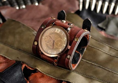 Chronodos makes artisan leather cuff watches, unlike traditional watches with small straps these look very masculine. We look at some of its current range. Mens Steampunk, Steampunk Man, Manly Things, Steampunk Men, Steampunk Watch, Cuff Watch, Leather Artisan, Girls Watches, Man Style