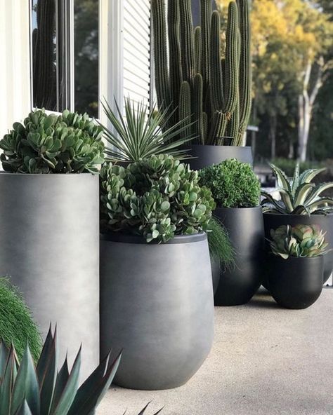 stylish and chic grey and black curved and round planters with lots of greenery will totally change your space and will make it edgy Pot Cluster, Large Garden Pots, Vasos Vintage, Modern Planters Outdoor, Potted Plants Outdoor, Balcony Plants, Garden Deco, Outdoor Pots, Outdoor Gardens Design