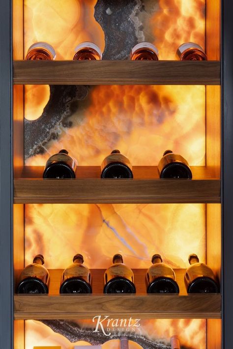 Back-lit onyx adds that warm, fiery glow and makes your wine shelving even more elevated. Onyx Bar Design, Country Kitchen Aesthetic, Wine Bar Aesthetic, Antique Mirror Splashback, Onyx Bar, Cozy Apartment Decor, Stone Bar, Bespoke Kitchen, Kitchen Aesthetic