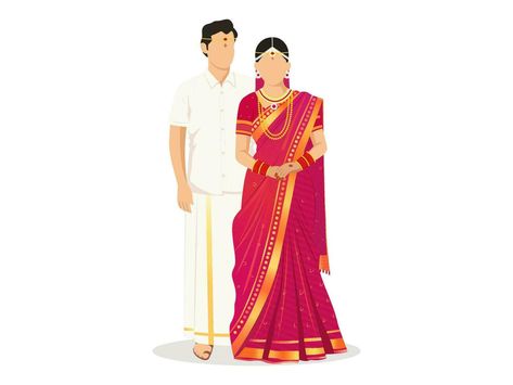 South Indian Caricature, South Indian Wedding Caricature, South Indian Wedding Illustration, South Indian Couple Illustration, Saree Caricature, South Indian Couple, South Indian Engagement, Wedding Card Format, Couple Illustration Wedding