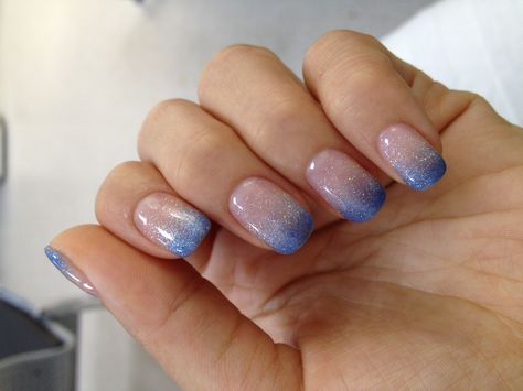 Glitter Gradation Nails, Blue And Silver French Tip Nails, White Nails With Blue Glitter, Oval Nail Shapes, Light Blue Glitter Nails, Short Winter Nails, French Fade Nails, Square Oval Nails, Glitter Fade Nails